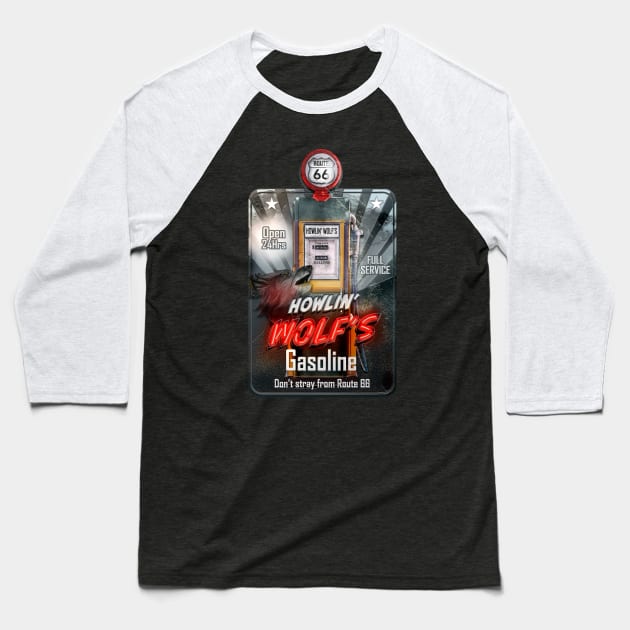 Route 66 Wolf Gasoline Baseball T-Shirt by hardtbonez